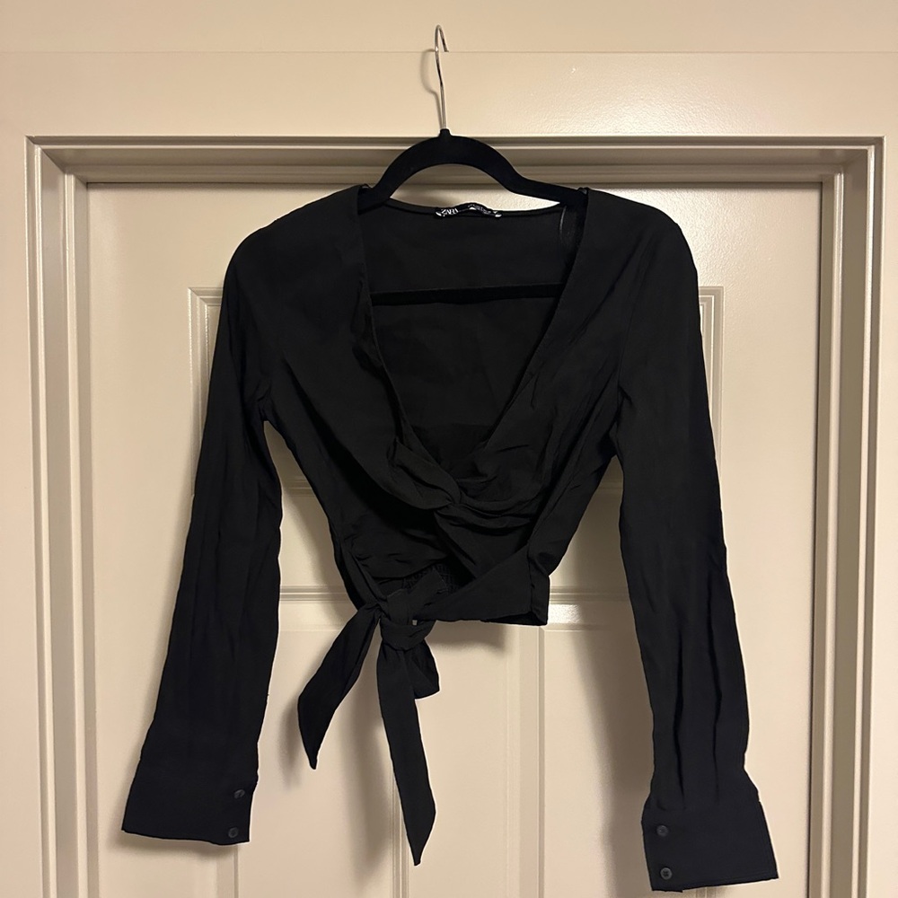 Zara Cropped Long Sleeve Black Tie-Front Blouse